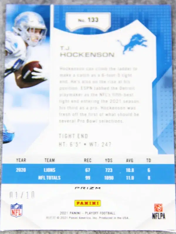 2021 T.J. Hockenson #133 Panini Playoff Plus Football Gold Prizm SN#1 - back