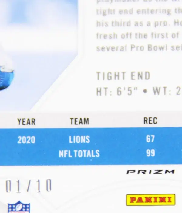 2021 T.J. Hockenson #133 Panini Playoff Plus Football Gold Prizm SN#1 - detail