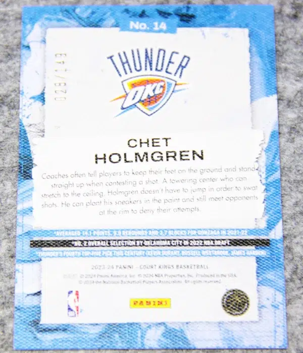2022-23 Chet Holmgren #14 Panini Court Kings RC SN#28 - back