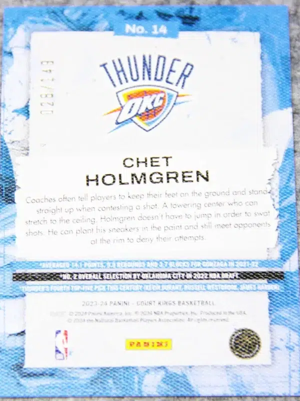 2022-23 Chet Holmgren #14 Panini Court Kings RC SN#28 - back