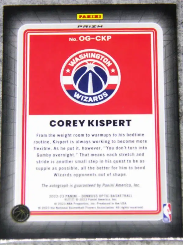 2022-23 Corey Kispert #OG-CKP Panini Donruss Optic Choice Opti-Graphs Red Mojo Autograph - back