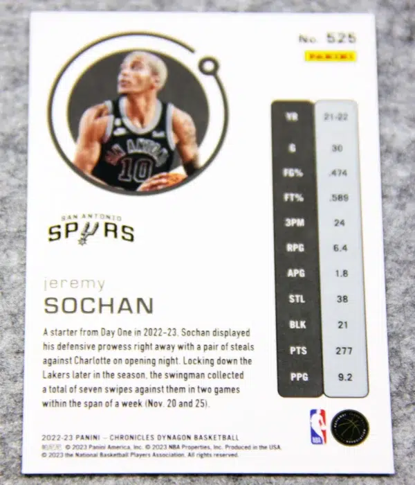 2022-23 Jeremy Sochan #525 Panini Chronicles Dynagon RC - back