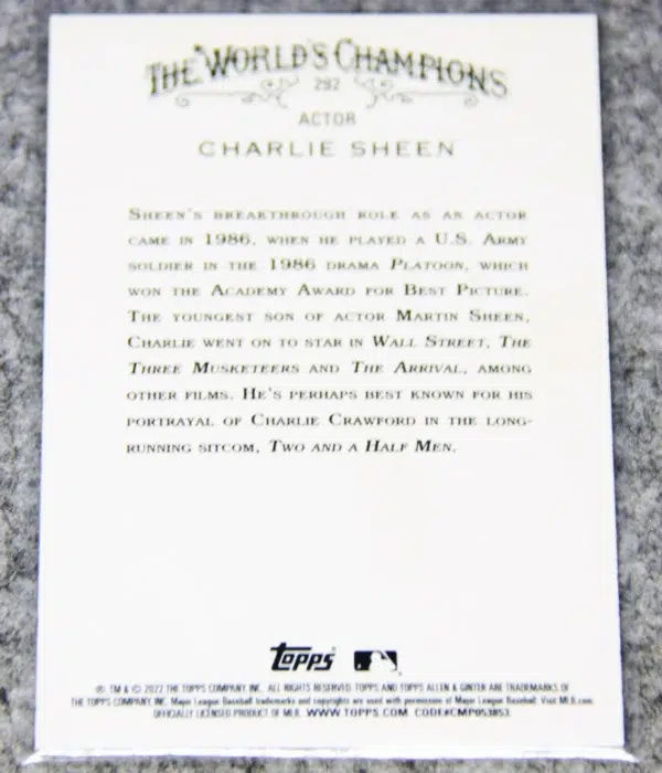 2022 Charlie Sheen #292 Topps Allen & Ginter Silver Foil Hot Box - back