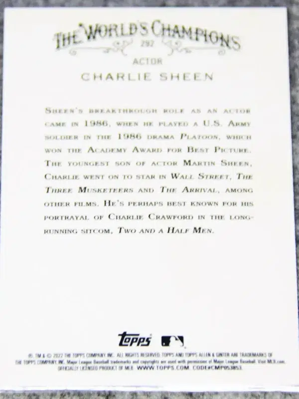 2022 Charlie Sheen #292 Topps Allen & Ginter Silver Foil Hot Box - back