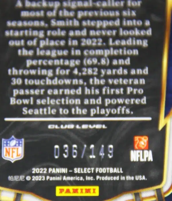 2022 Geno Smith #212 Panini Select Club Level Tri-Color SN#36 - detail