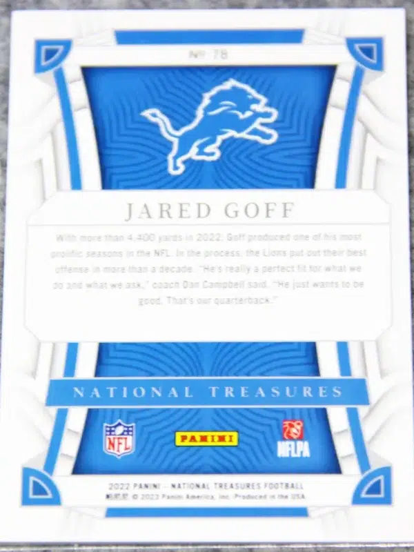 2022 Jared Goff #78 Panini National Treasures Football SN#31 - back