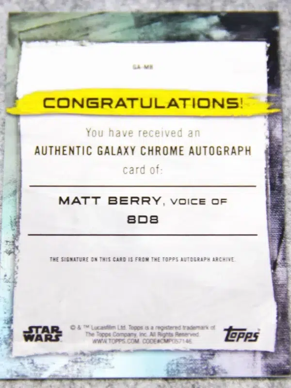 2022 Matt Berry as 8D8 #GA-MB Topps Star Wars Galaxy Chrome Autograph - back