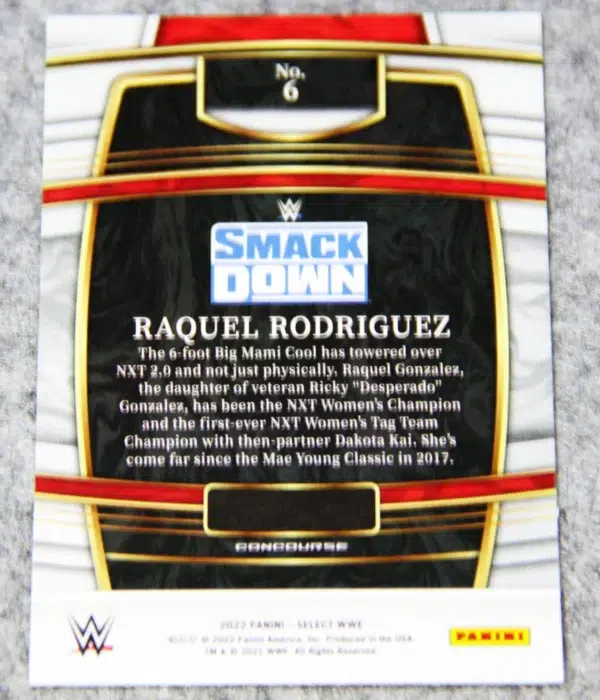 2022 Raquel Gonzalez #6 Panini WWE Select Concourse Smack Down Red & Blue Prizm - back