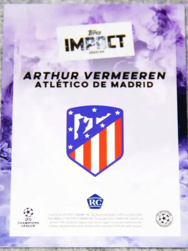 2023-24 Arthur Vermeeren #AV Topps Impact UEFA Club Competitions Purple Lightning Refractor RC SN#48 - back