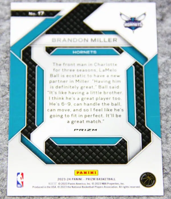 2023-24 Brandon Miller #17 Panini Prizm Emergent Silver Prizm - back
