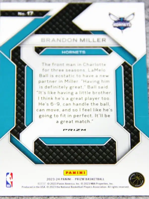 2023-24 Brandon Miller #17 Panini Prizm Emergent Silver Prizm - back