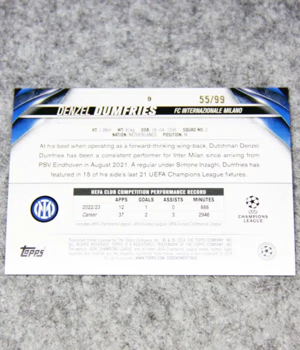 2023-24 Denzel Dumfries #9 Topps UEFA Club Competitions White Refractor SN#55 - back
