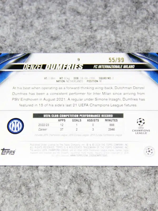 2023-24 Denzel Dumfries #9 Topps UEFA Club Competitions White Refractor SN#55 - back