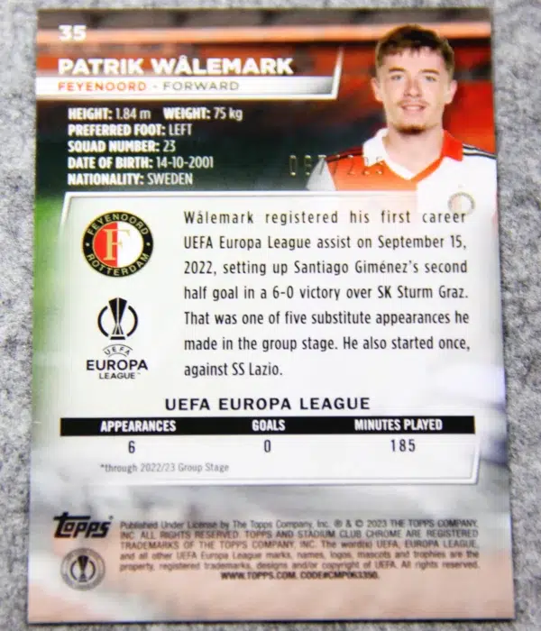 2023-24 Patrik Walemark #35 Topps Stadium Club Chrome UEFA Europa League Green Lightning Refractor SN#67 - back