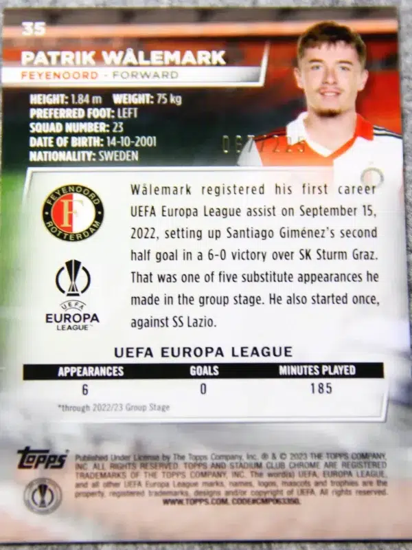 2023-24 Patrik Walemark #35 Topps Stadium Club Chrome UEFA Europa League Green Lightning Refractor SN#67 - back