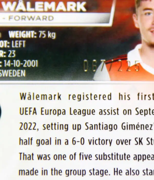 2023-24 Patrik Walemark #35 Topps Stadium Club Chrome UEFA Europa League Green Lightning Refractor SN#67 - detail