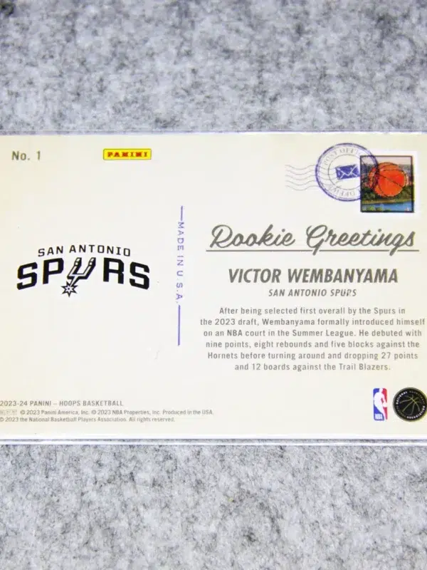 2023-24 Victor Wembanyama #1 Panini NBA Hoops Greetings from San Antonio RC - back