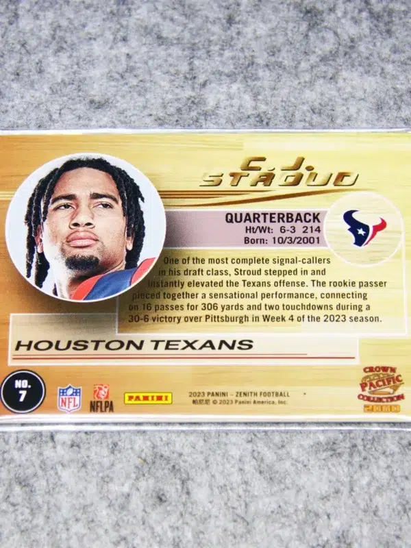 2023 C.J. Stroud #7 Panini Zenith Crown Pacific Collection 2000 Silver Foil RC - back