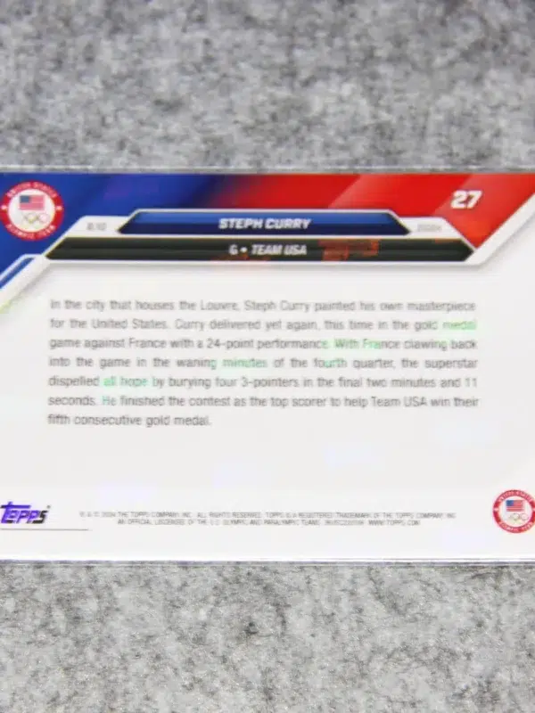2024 Stephen Curry #27 Topps Now Paris Olympic Games Night Night - back