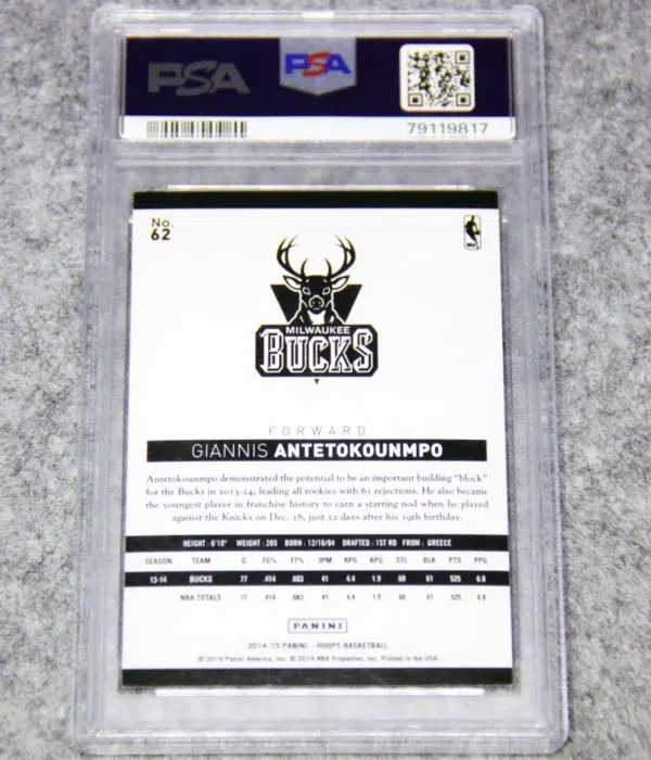 2014-15 Giannis Antetokounmpo #62 Panini NBA Hoops Silver Prizm PSA 9 MT SN#308 - back