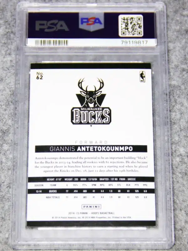 2014-15 Giannis Antetokounmpo #62 Panini NBA Hoops Silver Prizm PSA 9 MT SN#308 - back