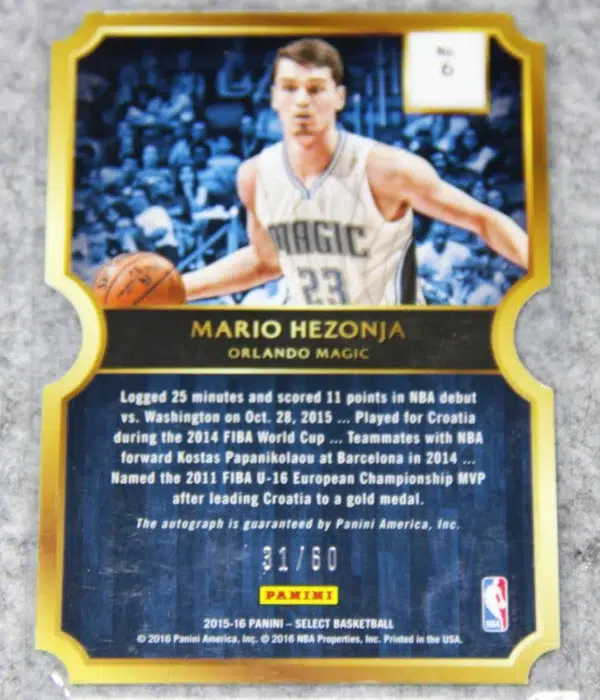 2015-16 Mario Hezonja #6 Panini Select Die-Cut RC Autograph SN#31 - back