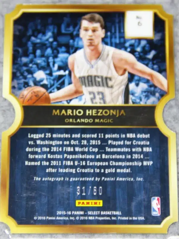 2015-16 Mario Hezonja #6 Panini Select Die-Cut RC Autograph SN#31 - back