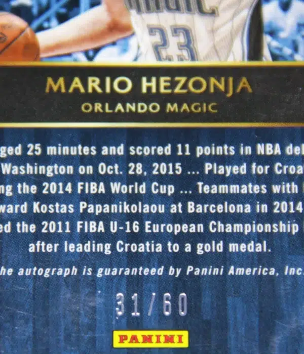 2015-16 Mario Hezonja #6 Panini Select Die-Cut RC Autograph SN#31 - detail