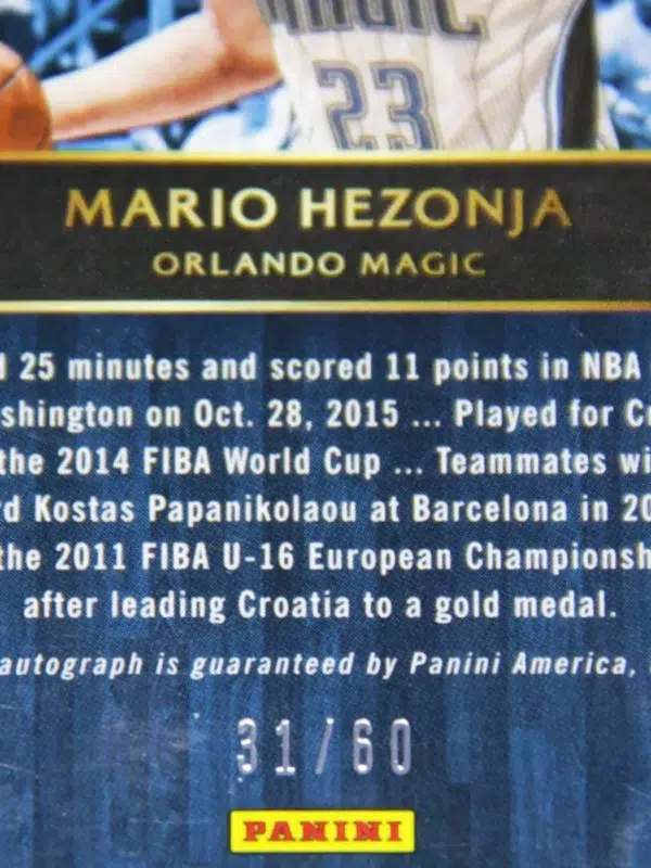 2015-16 Mario Hezonja #6 Panini Select Die-Cut RC Autograph SN#31 - detail