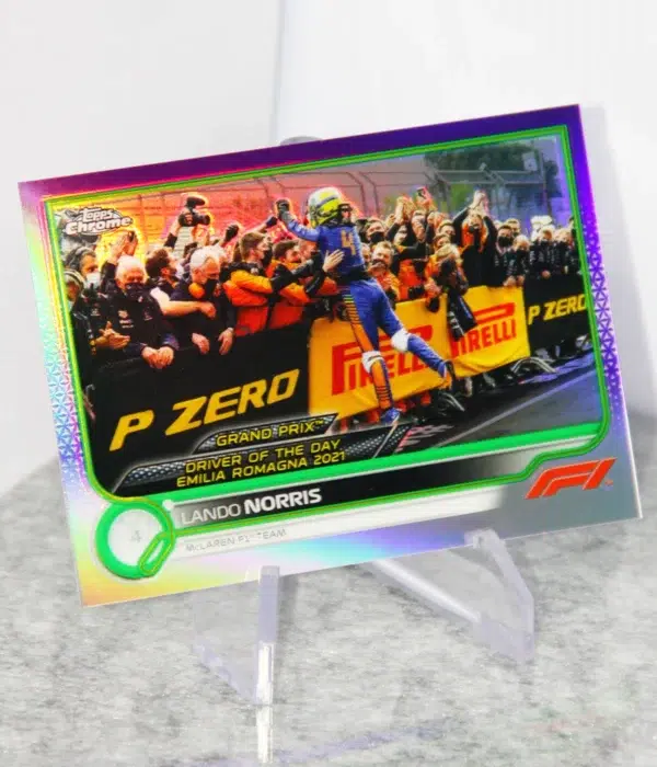2022 Lando Norris #174 Topps Chrome F1 Driver of the Day Purple Green Refractor - stand