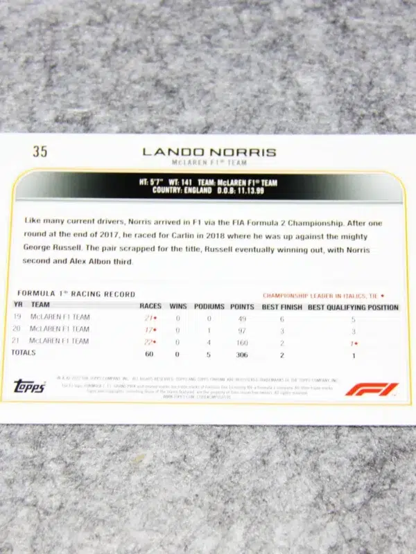 2022 Lando Norris #35 Topps Chrome F1 Purple Green Refractor - back