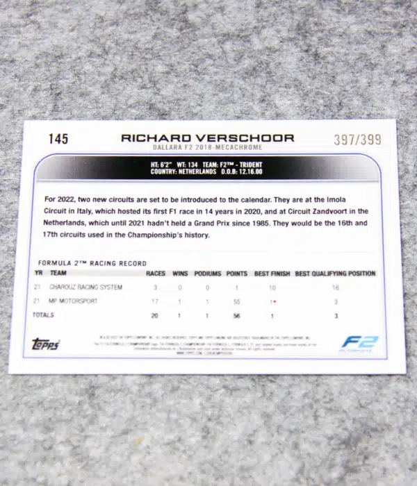 2022 Richard Verschoor #145 Topps Chrome F2 Purple Refractor SN#397 - back