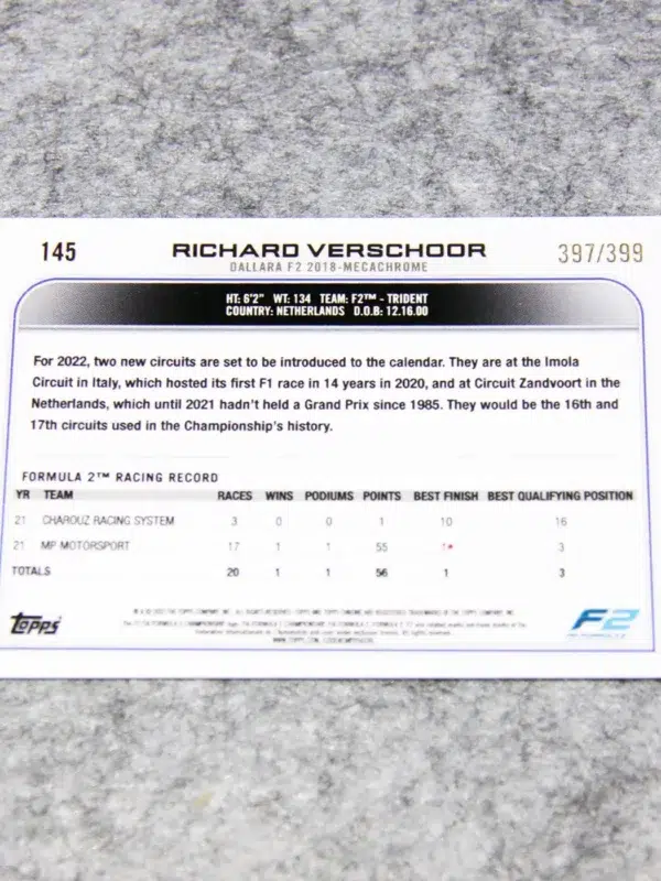 2022 Richard Verschoor #145 Topps Chrome F2 Purple Refractor SN#397 - back