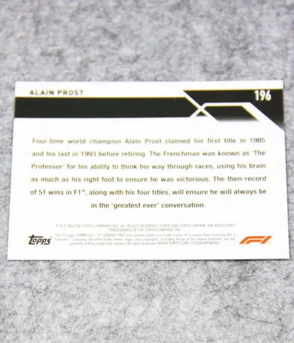 2023 Alain Prost #196 Topps Chrome F1 Legends Purple Refractor SN#360 - back