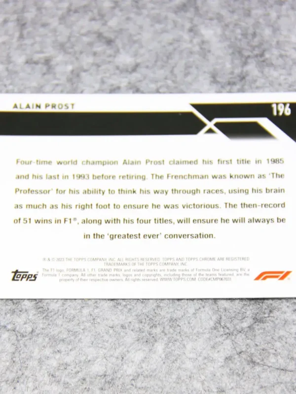 2023 Alain Prost #196 Topps Chrome F1 Legends Purple Refractor SN#360 - back