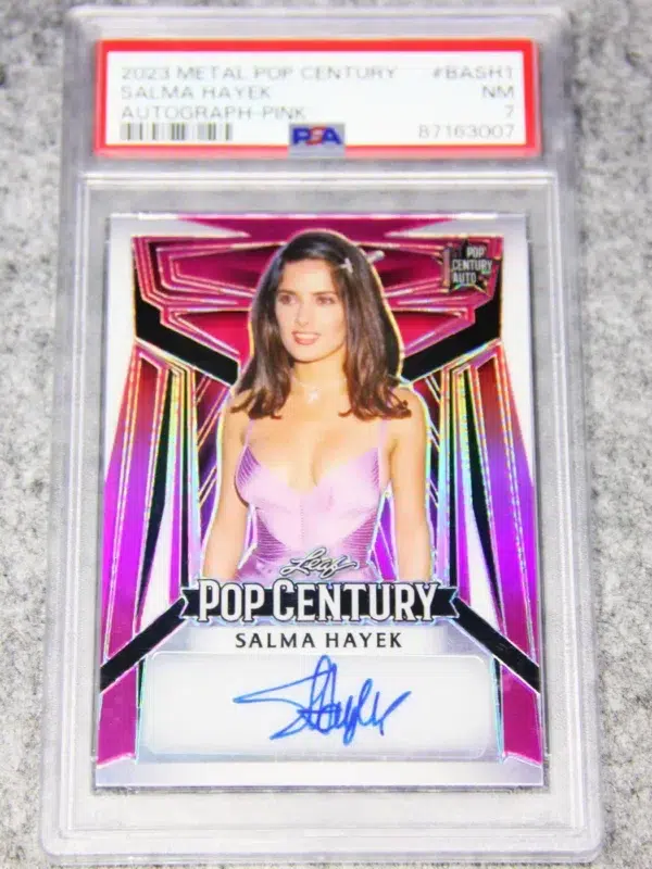 2023 Salma Hayek #BA-SH1 Leaf Metal 1st Pop Century Autograph Pink PSA 7 SN#4 - front