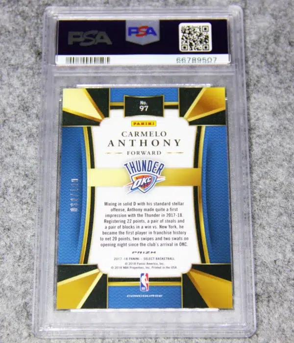 2017-18 Carmelo Anthony #97 Panini Select Concourse Maroon Prizm SN#38 PSA 9 MINT - back