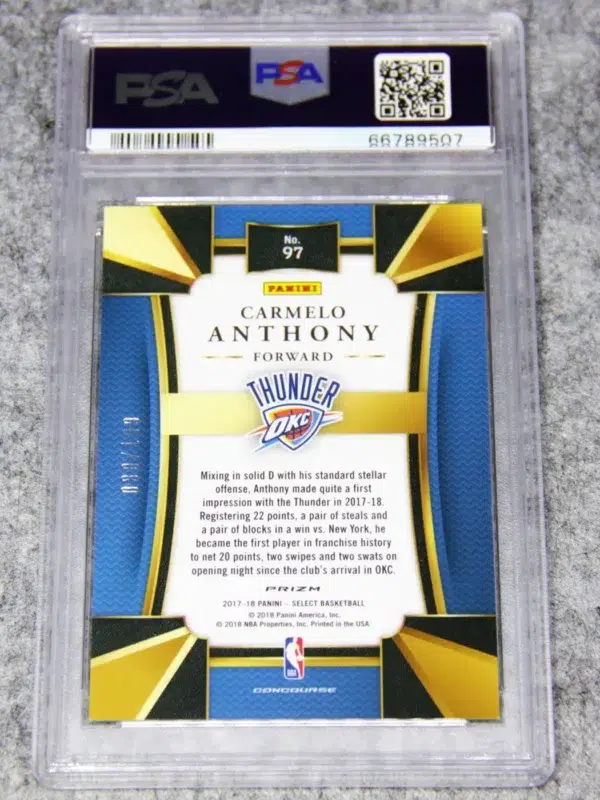 2017-18 Carmelo Anthony #97 Panini Select Concourse Maroon Prizm SN#38 PSA 9 MINT - back