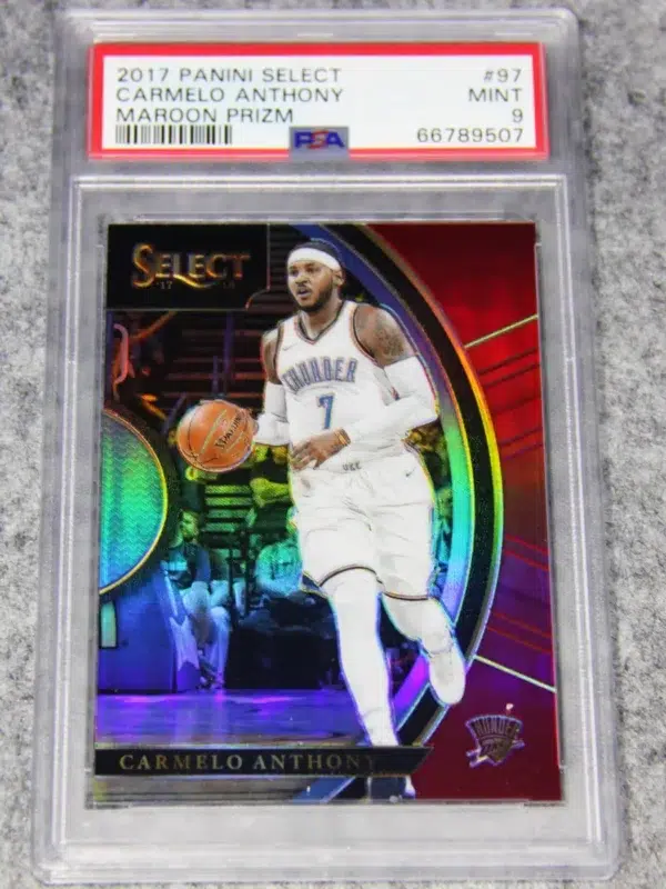 2017-18 Carmelo Anthony #97 Panini Select Concourse Maroon Prizm SN#38 PSA 9 MINT - front
