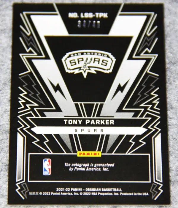 2021-22 Tony Parker #LSS-TPK Panini Obsidian Lightning Strike Signatures Purple SN#34 - back