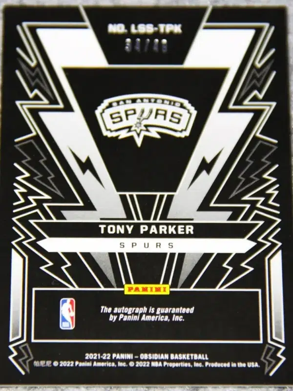 2021-22 Tony Parker #LSS-TPK Panini Obsidian Lightning Strike Signatures Purple SN#34 - back