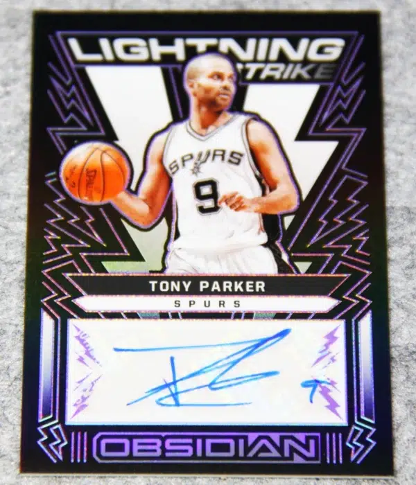 2021-22 Tony Parker #LSS-TPK Panini Obsidian Lightning Strike Signatures Purple SN#34 - front