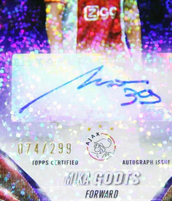 2023-24 Mika Godts #CA-MG Topps Chrome UEFA Club Competitions Purple Speckle Refractor RC Autograph SN#74 - detail