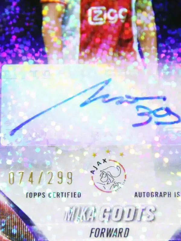2023-24 Mika Godts #CA-MG Topps Chrome UEFA Club Competitions Purple Speckle Refractor RC Autograph SN#74 - detail