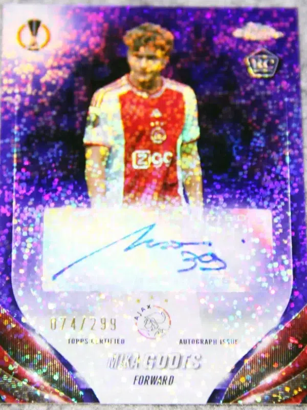 2023-24 Mika Godts #CA-MG Topps Chrome UEFA Club Competitions Purple Speckle Refractor RC Autograph SN#74 - front