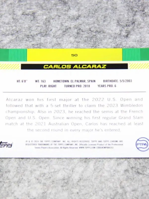 2024 Carlos Alcaraz #50 Topps Chrome Tennis Refractor - back
