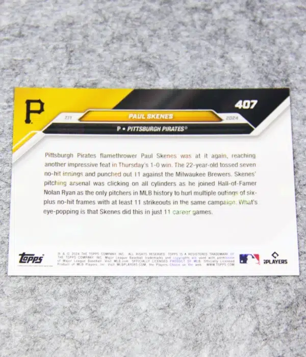 2024 Paul Skenes #407 Topps Now joins Nolan Ryan RC - back