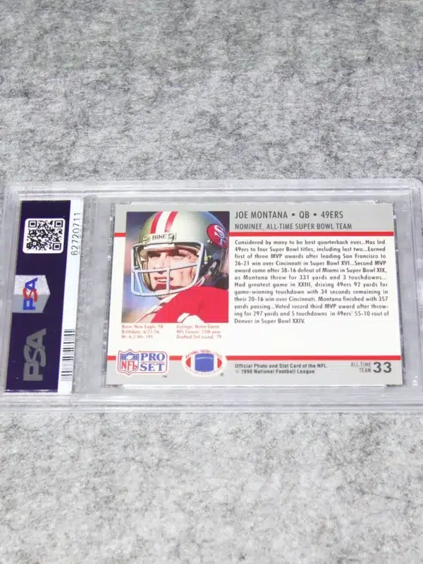 1990 Joe Montana #33 Pro Set Super Bowl Supermen XXV PSA 10 Gem MT - back