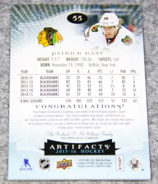 2015-16 Patrick Kane #55 Upper Deck Artifacts Hockey Dual Jersey SN#76 - back