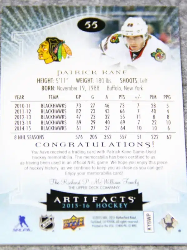 2015-16 Patrick Kane #55 Upper Deck Artifacts Hockey Dual Jersey SN#76 - back